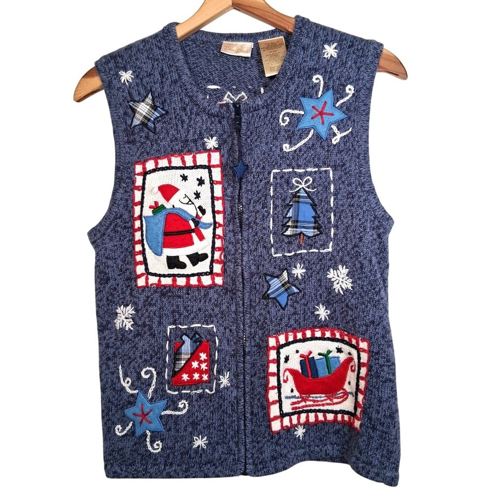 Vintage Bobbie Brooks Christmas Sweater Vest Small Santa Claus Sleigh Snow READ